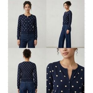 Uniqlo Cardigan Sweater Womens M Navy Blue Polka Dot Button Front Retro Inspired